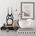 Decorative Ornament Set with Candle Holders Shell Vase Tray and Framed Art for Home