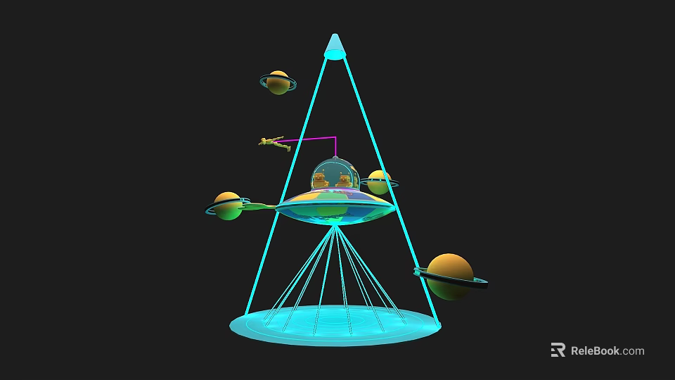 Interactive Zone Featuring Blue Structure Supporting Transparent Sphere Surrounding Planetary Models And Small Spacecraft 3d model