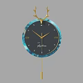 Decorative Wall Clock with Antler Decoration Black Dial Blue Edge and Golden Pendulum
