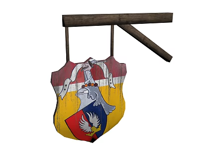 Wooden Pole Hanging Shield With Eagle Design And Colorful Patterns 3d model