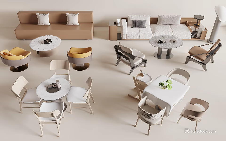 Modern Minimalist Table Chair Set With White Tabletop And Beige Upholstered Chairs 3d model 