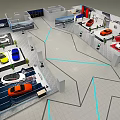 Car Showroom Featuring Various Colored Cars And Geometric Floor Design Display Areas