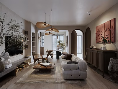 Warm Modern Dining and Living Room with Ceiling Fans Sofa Coffee Table and Decorative Painting 3d model