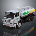 White Petroleum Tanker Truck With Green Yellow Stripes And Multiple Tanks