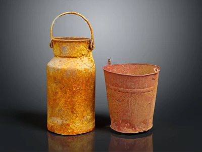 Rusty Old Metal Milk Can And Bucket For Daily Household Cleaning Supplies 3d model