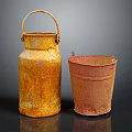 Rusty Old Metal Milk Can And Bucket For Daily Household Cleaning Supplies
