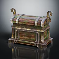 Vintage Wooden Treasure Chest With Colorful Patina Metal Straps Animal Head Ornaments And Decorative Base