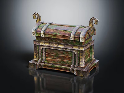 Vintage Wooden Treasure Chest With Colorful Patina Metal Straps Animal Head Ornaments And Decorative Base 3d model