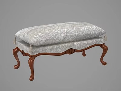 Elegant Footstool With Carved Wooden Legs Patterned Upholstery And Tassel Accents 3d model