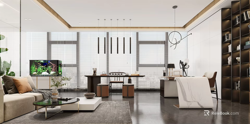 Modern Office Interior With Open Layout Large Windows Desk And Green Plants 3d model