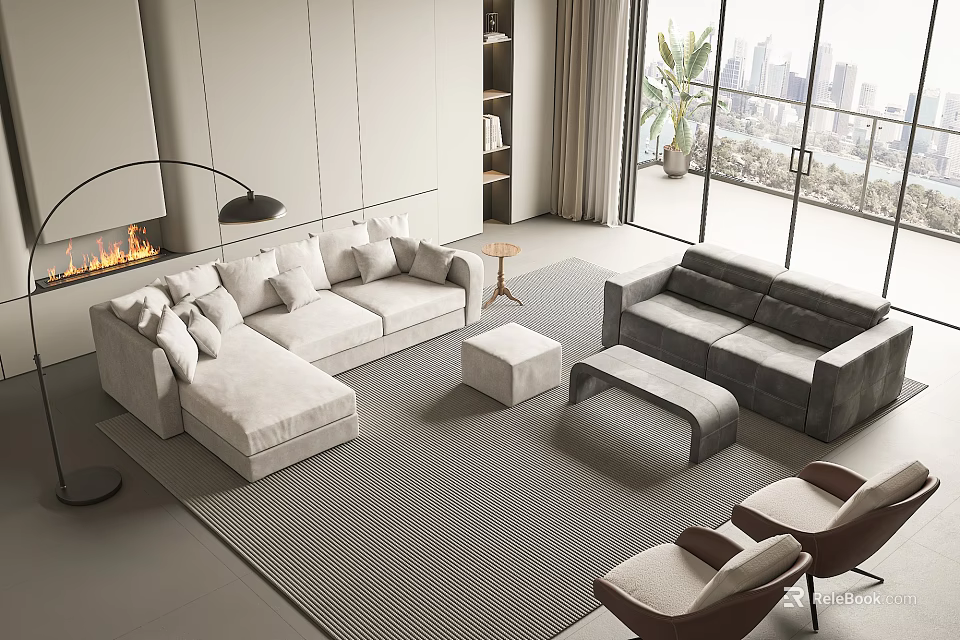 Modern Living Room Interior With Sofa Coffee Table Set Fireplace And City View 3d model