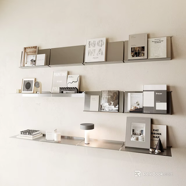 Minimalist Wall Mounted Bookshelf with Books Magazines Framed Art and Decorative Items in Neutral Tones 3d model 