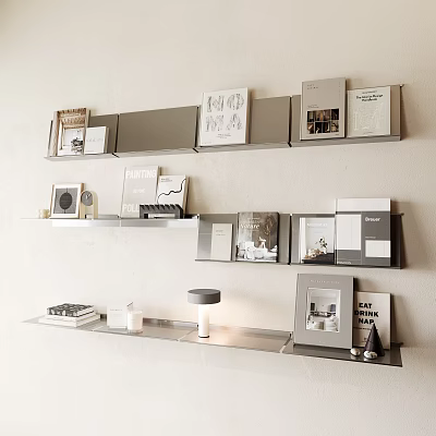 Minimalist Wall Mounted Bookshelf with Books Magazines Framed Art and Decorative Items in Neutral Tones 3d model