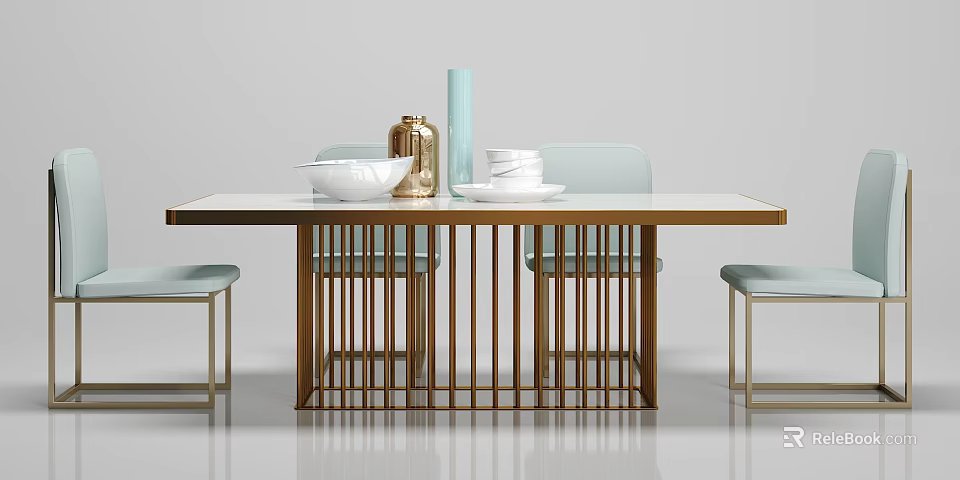 Modern Dining Table Set With White Tabletop Metal Frame Light Blue Chairs And Decorative Tableware 3d model