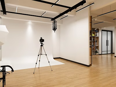 Professional Photography Studio Setup With Tripod Camera White Backdrop And Wooden Floor 3d model