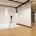 Professional Photography Studio Setup With Tripod Camera White Backdrop And Wooden Floor