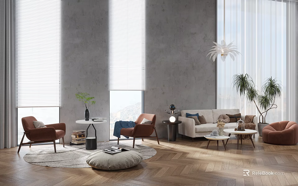 Modern Living Room Interior With Stylish Sofa And Coffee Table Set And Accent Chairs 3d model 