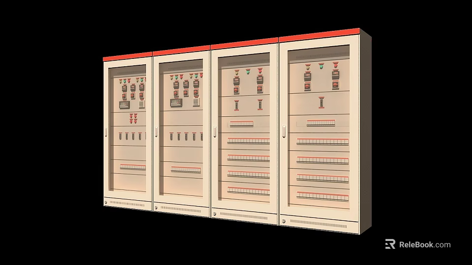 Industrial Control Cabinets With Red Top And Multiple Instrument Panels 3d model