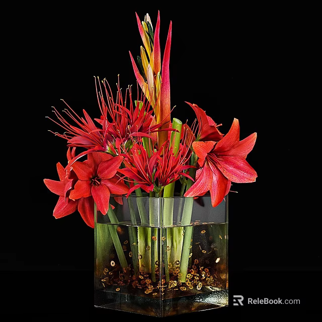 Decorative Ornament Set With Red Flowers In Transparent Glass Vase And Decorative Beads 3d model 