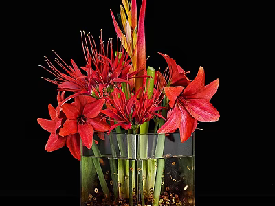 Decorative Ornament Set With Red Flowers In Transparent Glass Vase And Decorative Beads 3d model