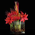 Decorative Ornament Set With Red Flowers In Transparent Glass Vase And Decorative Beads