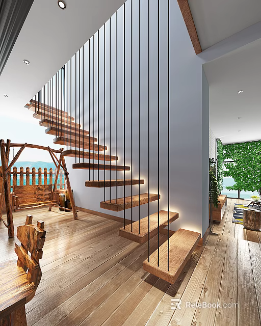 Modern Wooden Staircase With Metal Railings And Wooden Floor Swing Green Plants 3d model 