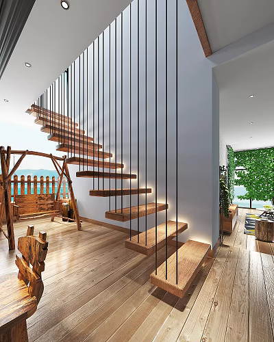 Modern Wooden Staircase With Metal Railings And Wooden Floor Swing Green Plants 3d model