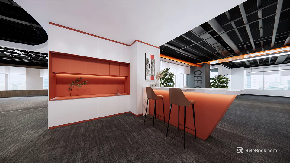 Modern Office Break Room With White Orange Cabinets Orange Counter Bar Stools And Green Plants 3d model 