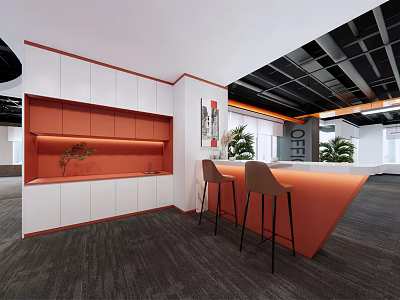 Modern Office Break Room With White Orange Cabinets Orange Counter Bar Stools And Green Plants 3d model