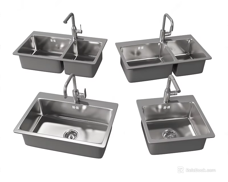 Stainless Steel Kitchen Sink Collection With Double Bowl Single Bowl And Faucet Designs 3d model 