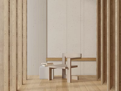 Minimalist Leisure Chair In Light Interior With Wooden Frame And Side Table 3d model