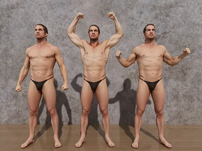 Men Flexing Muscles In Black Briefs Standing Against Gray Wall With Wooden Floor 3d model