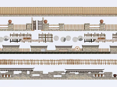 Traditional Scenic Wall Design With Stone Masonry Wooden Fences And Circular Decorations 3d model