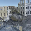 Ruined Building Components With Broken Walls Windows And Structural Frames Surrounded By Debris 3d model