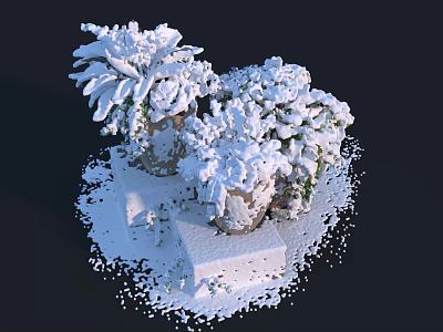 Snow Covered Bonsai Potted Plants On White Pedestals With Dark Background 3d model
