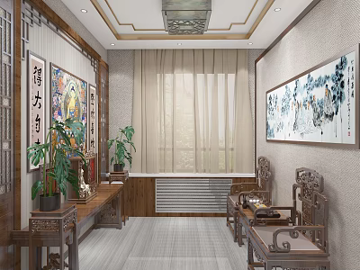 Traditional Chinese Religious Belief Interior With Spiritual Calligraphy Paintings Green Plants And Wooden Furniture 3d model