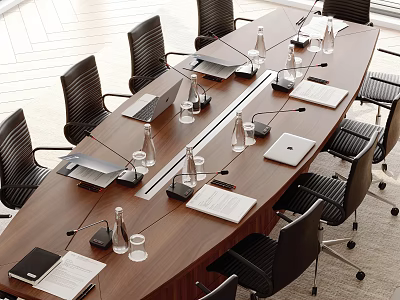 Wooden Conference Table With Black Office Chairs Laptops Water Glasses And Documents 3d model