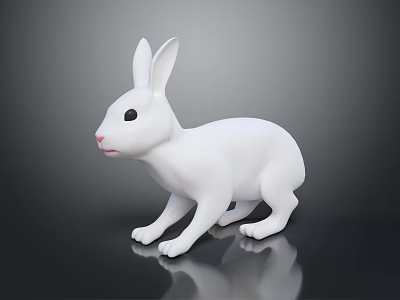 White Rabbit Figurine With Long Ears Black Eyes On Dark Reflective Surface 3d model