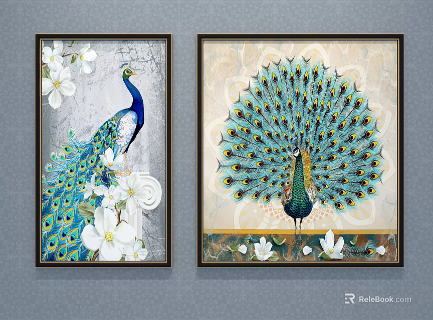 Decorative Peacock Paintings With Displaying Feathers And White Flowers On Neutral Background 3d model 