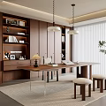 Modern Middle-style Study Modern Study Middle-style Desk and Chair Middle-style Bookcase Study Chandelier Plant Potted Acrylic Desk Study Stool Table Lamp 3d model