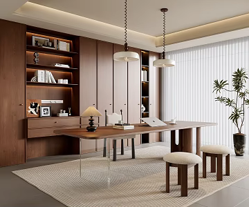 Modern Middle-style Study Modern Study Middle-style Desk and Chair Middle-style Bookcase Study Chandelier Plant Potted Acrylic Desk Study Stool Table Lamp 3d model