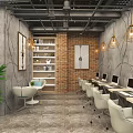 Modern Public Office Space With Exposed Brick Walls Pendant Lights Desks With Computers White Chairs And Green Plants