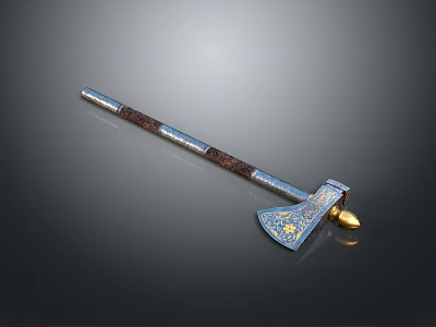 Decorative Axe With Wooden Handle Blue Decorations Gold Accents And Star Patterns 3d model