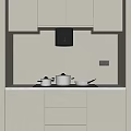 Modern Kitchen With Stove Range Hood Pans Pots And White Cabinets 3d model