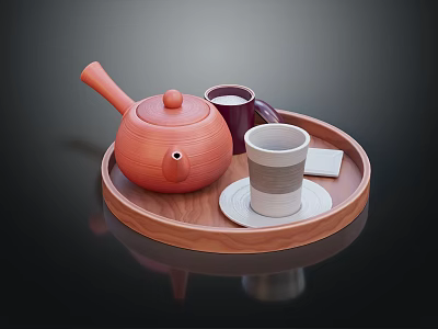Elegant Tea Set With Wooden Tray Orange Teapot Purple And Beige Cups Saucer And Napkin 3d model