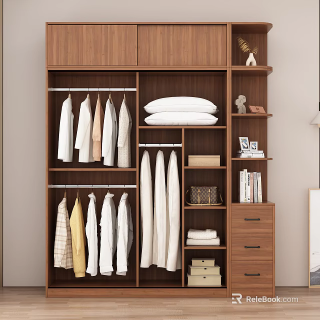 Wooden Wardrobe With Hanging Clothes Folded Items Drawers And Shelves With Books And Decorations 3d model 