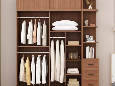 Wooden Wardrobe With Hanging Clothes Folded Items Drawers And Shelves With Books And Decorations 3d model