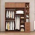 Wooden Wardrobe With Hanging Clothes Folded Items Drawers And Shelves With Books And Decorations