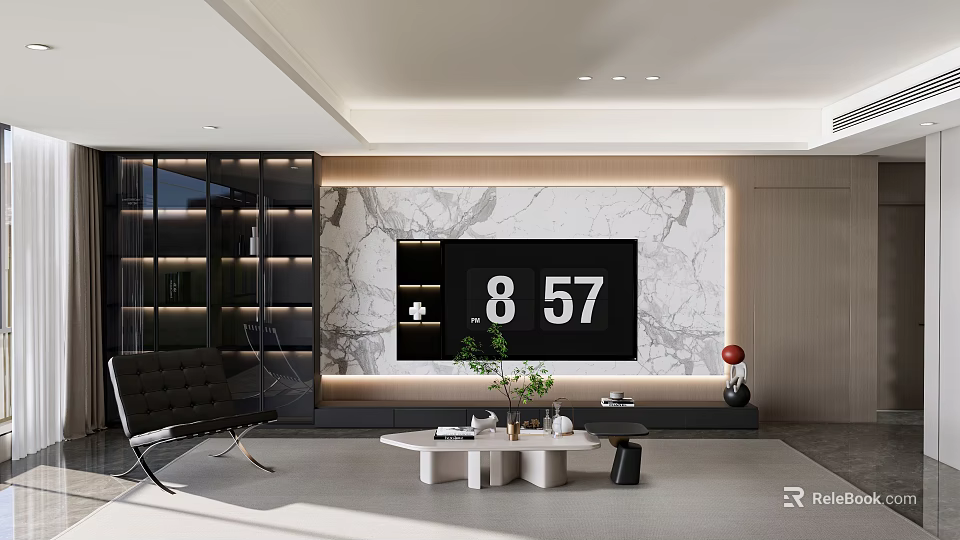 Modern Living Room Interior With Marble Accent Wall TV Sofa And Coffee Table 3d model 
