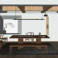 Minimalist Teahouse Interior With Wooden Ceiling Beams Hanging Lighting Projection Screen And Furniture